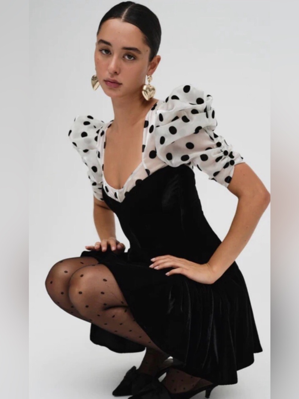 BRAND NEW - For Love & Lemons Black Mini Dress with White Polka Dot Puff Sleeves - Picture 2 of 11